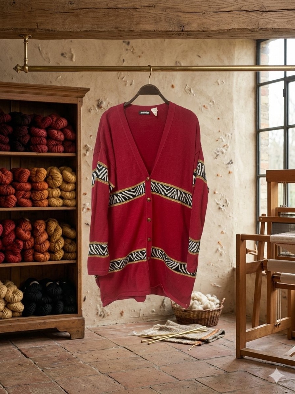 Vintage Spiegel Red Button-Front Cardigan with Geometric Trim